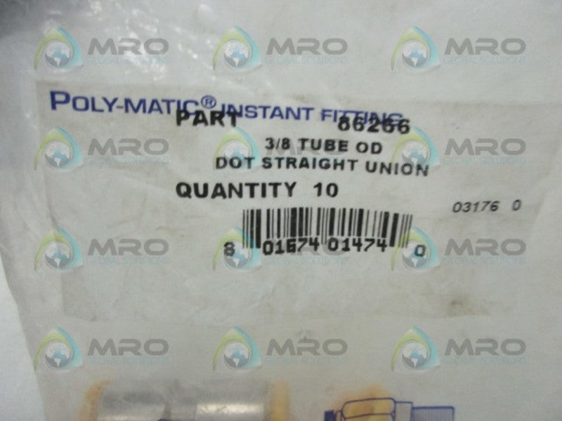 POLY-MATIC 86266 3/8 TUBE DOT STRAIGHT UNION (PKG OF 10) * NEW IN FACTORY BAG *