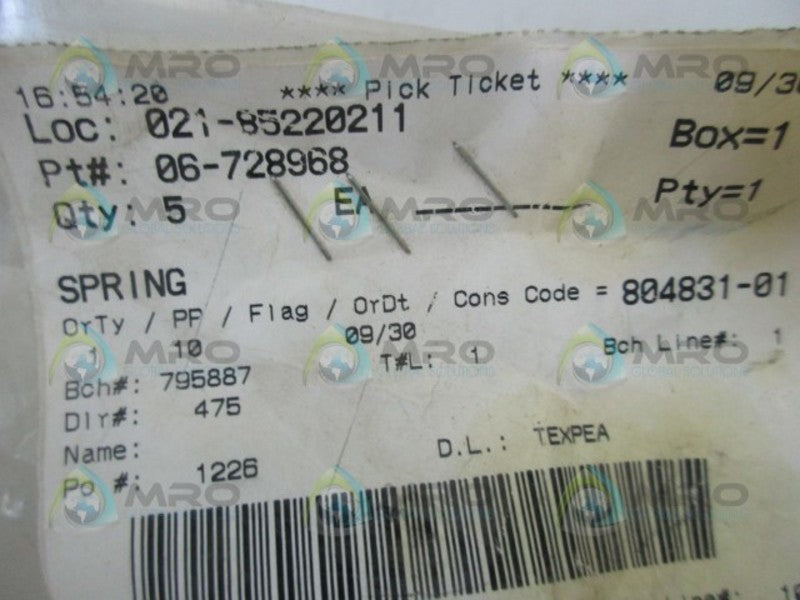 INDUSTRIAL MRO 06-728968 SPRING * NEW IN FACTORY BAG *
