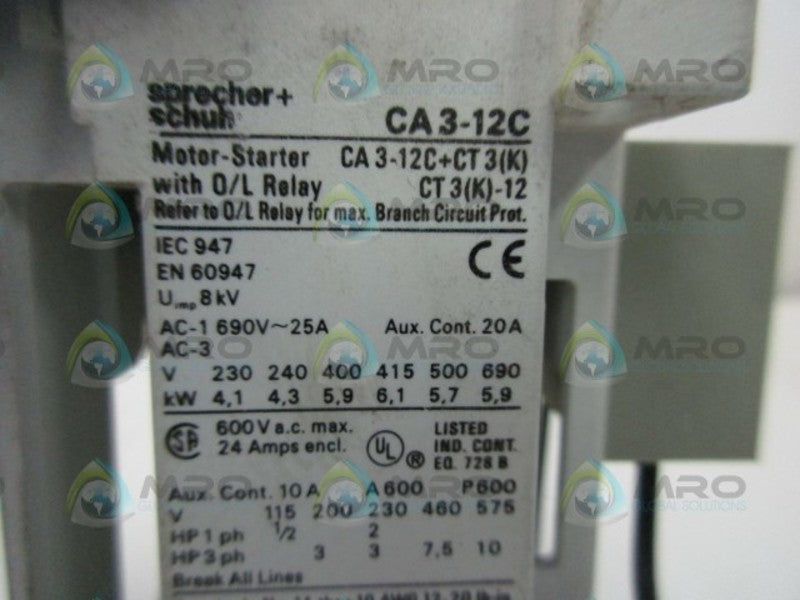 SPRECHER+SCHUH CA3-12C MOTOR STARTER (AS PICTURED)  UNMP