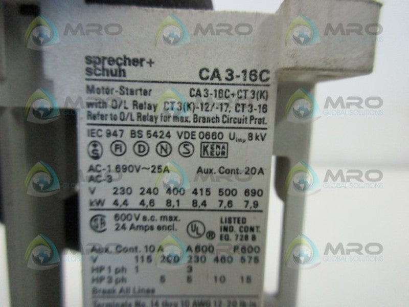 SPRECHER+SCHUH CA3-16C CONTACTOR (AS PICTURED)  UNMP