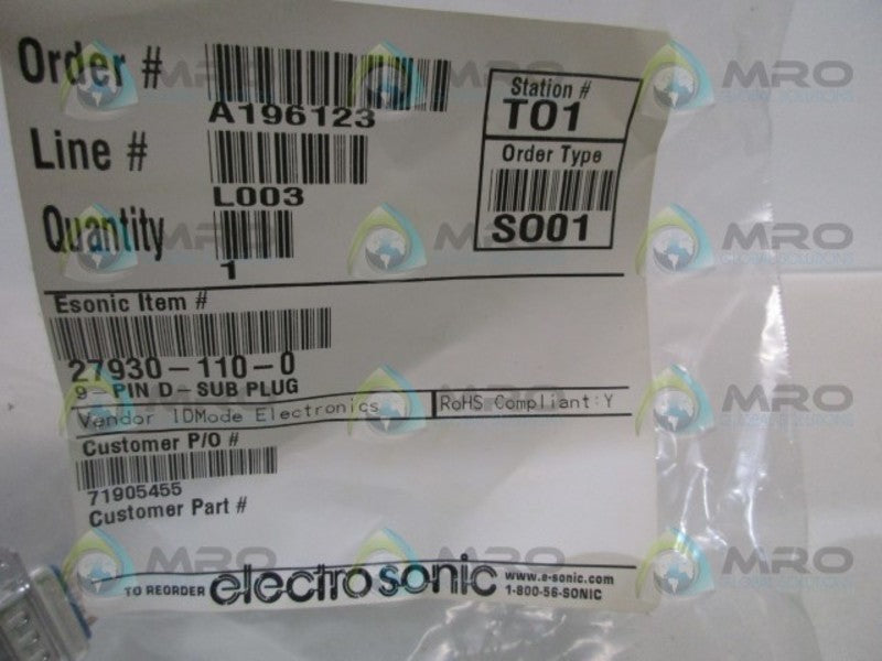 ELECTRO SONIC 27930-110-0 9 PIN D SUB PLUG  NSNP IN BAG