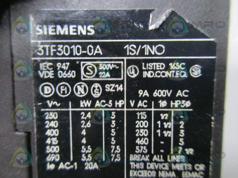SIEMENS 3TF3010-0A CONTACTOR  UNMP