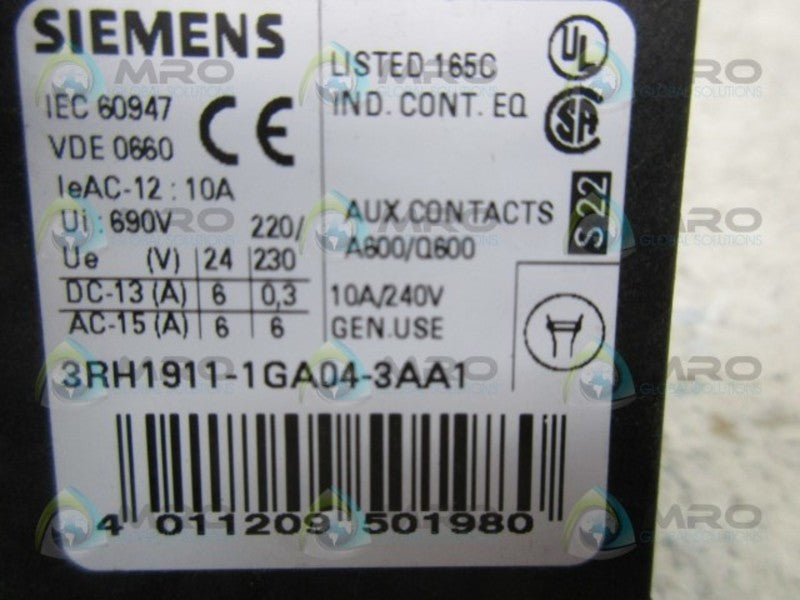 SIEMENS 3RH1911-1GA04-3AA1 AUXILIARY CONTACT BLOCK  UNMP