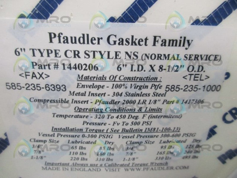 PFAUDLER 1440206 CR GASKET 6" * NEW IN ORIGINAL PACKAGE *