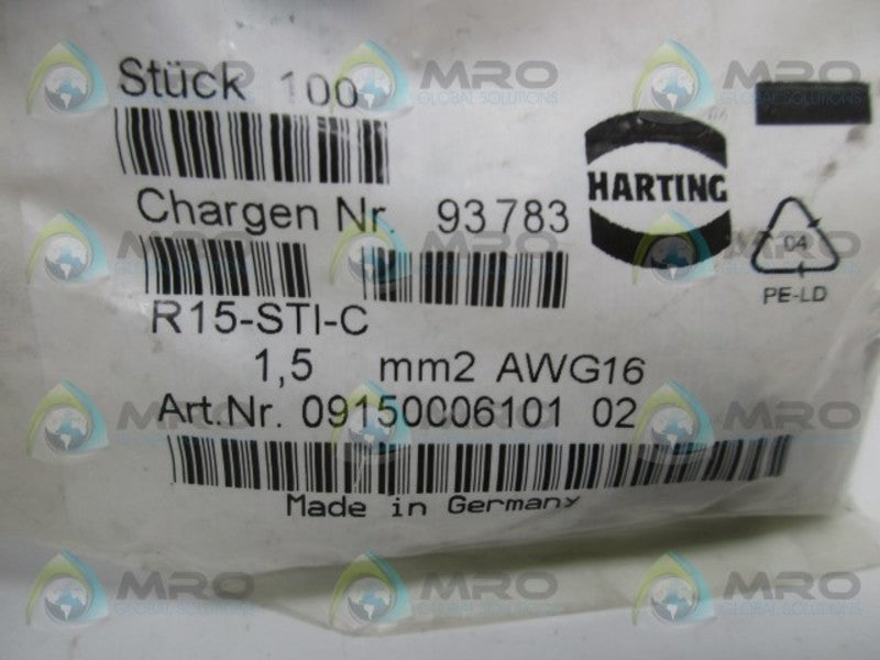 HARTING R15-STI-C PIN MM2 AWG16 CONNECTOR (PK OF 100)  NSMP