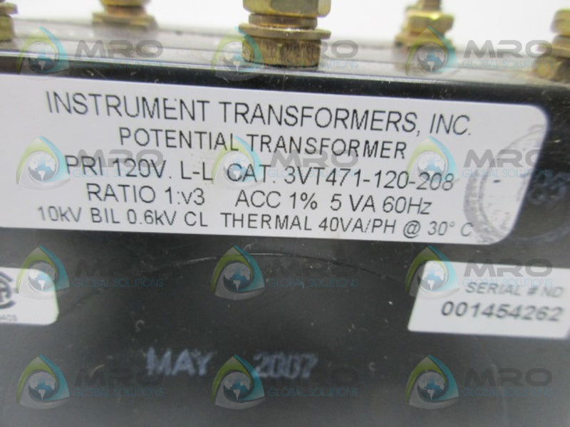 INSTRUMENT TRANSFORMERS 3VT471-120-208 POTENTIAL TRANSFORMER  UNMP