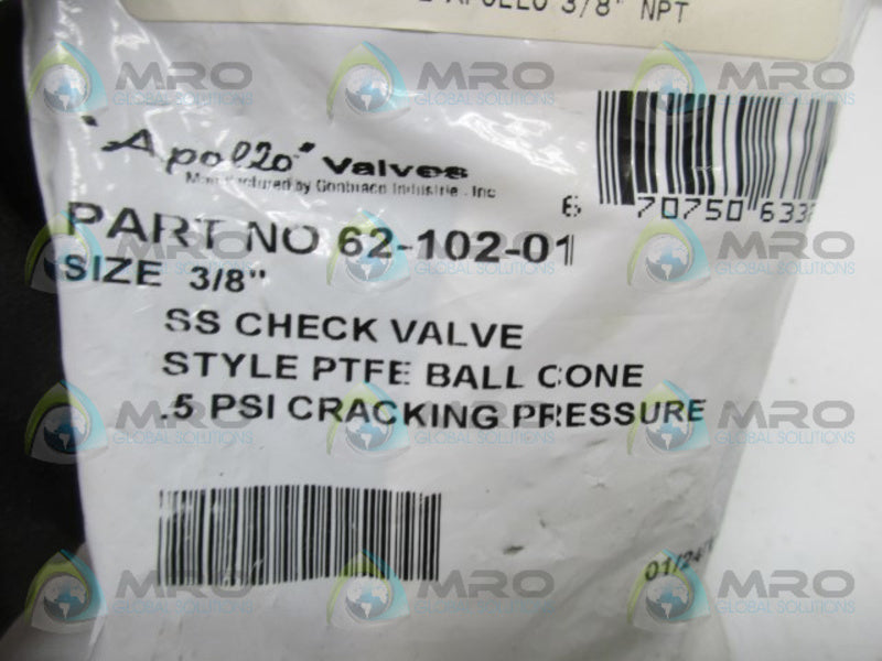 APOLLO 62-102-01 3/8" BALL CONE CHECK VALVE * NEW IN FACTORY BAG *