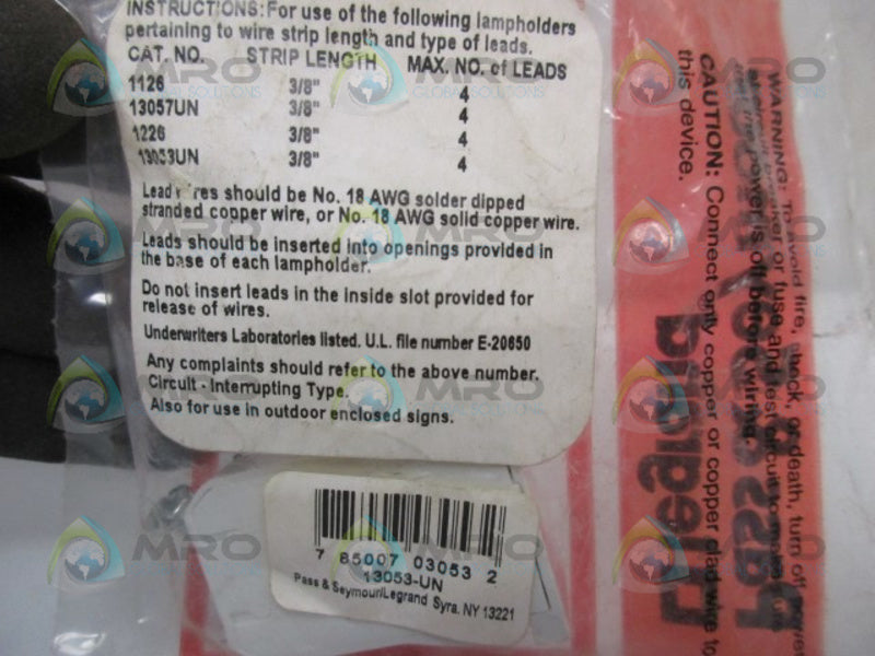 PASS & SEYMOUR 13053-UN HOLDER FOR FLUORESCENT * NEW IN FACTORY BAG *
