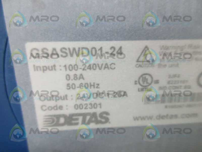 DETAS GSASWD01-24 POWER SUPPLY 1.25AMP 24VDC  NSMP