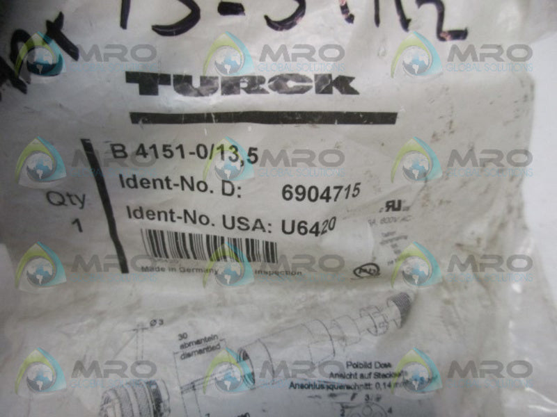 TURCK B4151-0/13.5 FIELD WIREABLE PLUGS AND RECEPTACLE * NEW IN FACTORY BAG *