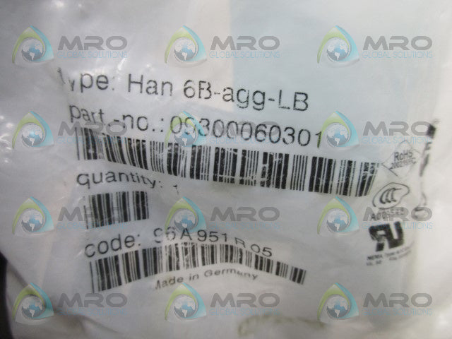 HARTING 09300060301 HAN6B-AGG-LB BASE PANEL ONE LEVER * NEW IN FACTORY BAG *