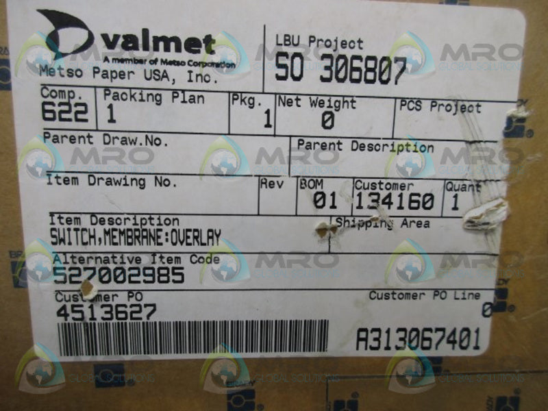 VALMET 527002985 MEMBRANE OVERLAY SWITCH  NSNP