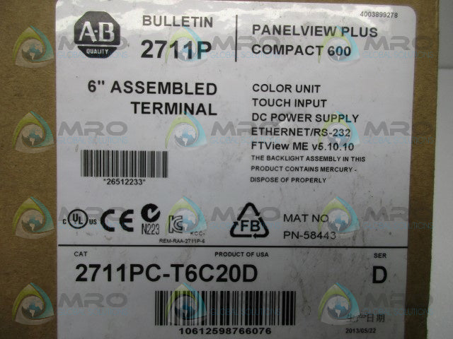 ALLEN BRADLEY 2711PC-T6C20D SER.D 6" ASSEMBLED TERMINAL DATE:2013 * FACTORY SEALED *