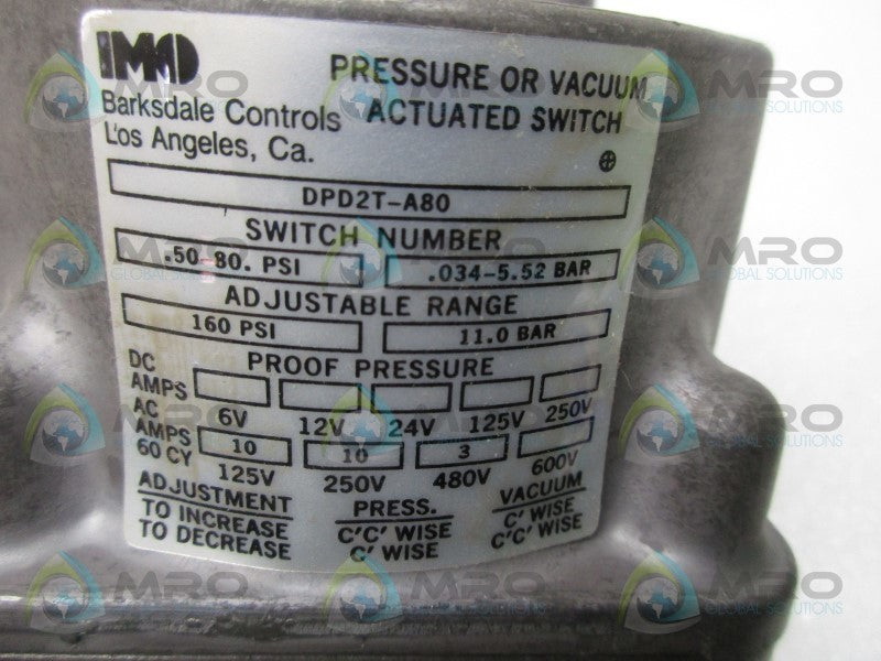 BARKSDALE DPD2T-A80 PRESSURE/VACUUM ACTUATED SWITCH  NSMP