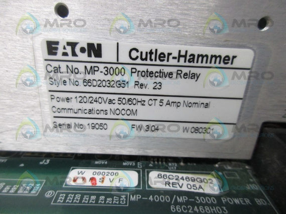 CUTLER HAMMER MP-3000 66D2032G51 MOTOR PROTECTION RELAY * USED *