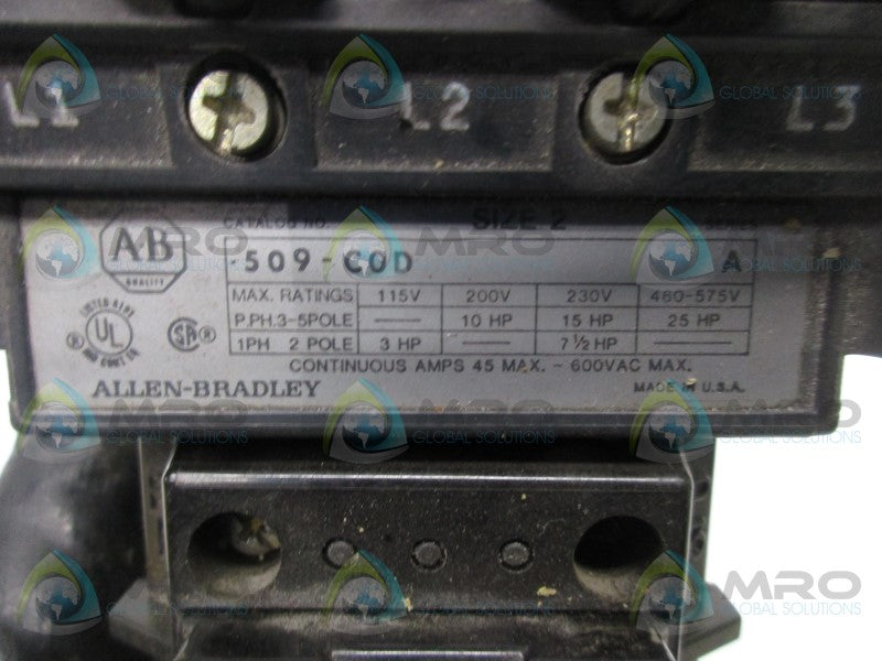 ALLEN BRADLEY 509-C0D SER. A NON-REVERSING STARTER * USED *