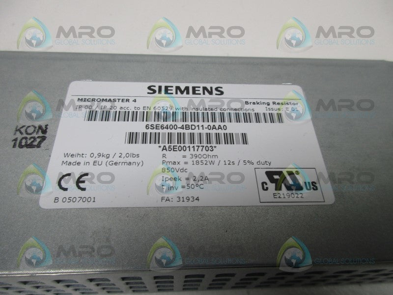 SIEMENS MICROMASTER 4 6SE6400-4BD11-0AA0 BRAKING RESISTOR  NSMP