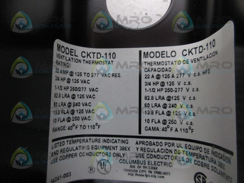 TPI CKTD-110 CAPILLARY COIL LINE VOLT THERMOSTAT  UNMP