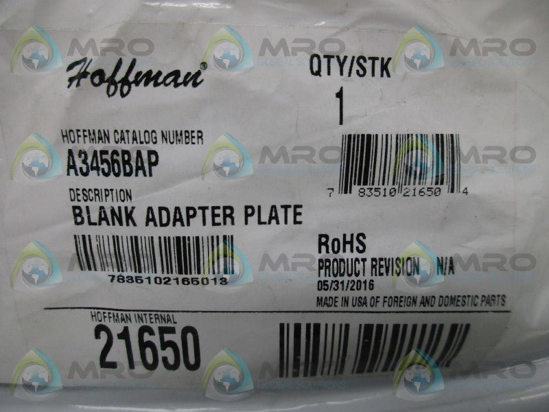 HOFFMAN A3456BAP BLANK ADAPTER PLATE * NEW IN FACTORY BAG *