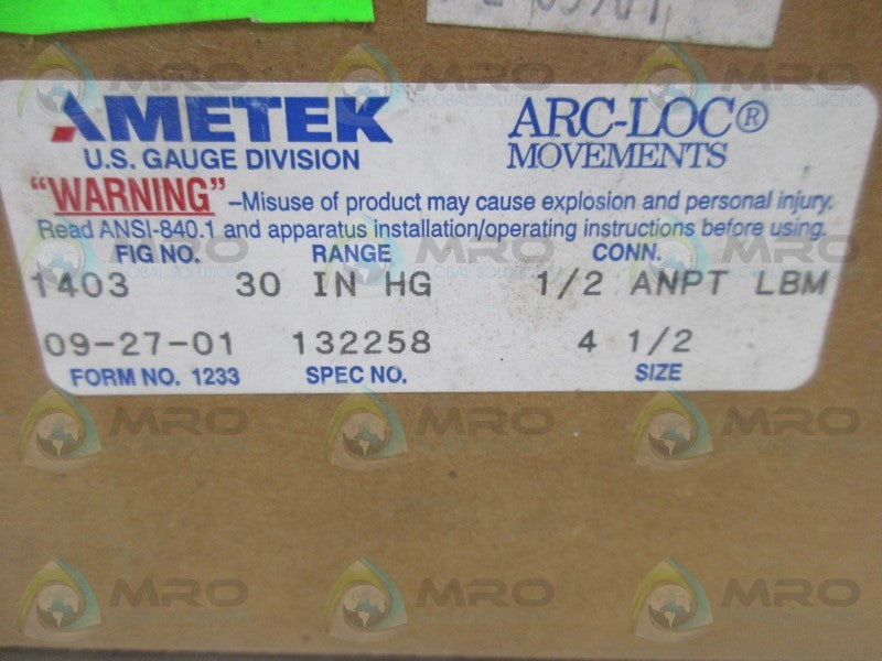 AMETEK 1403-132258 PRESSURE GAUGE 30IN HG  NSMP