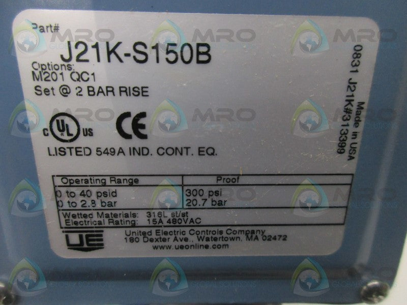 UNITED ELECTRIC J21K-S150B PRESSURE SWITCH  NSNP