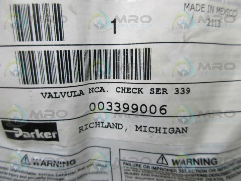 PARKER 003399006 CHECK VALVE EP SPECIAL * NEW IN FACTORY BAG *