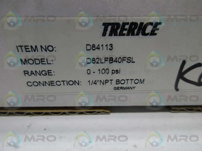 TRERICE D82LFB40FSL LIQUID FILLED PRESSURE GAUGE 0-100 PSI  NSMP