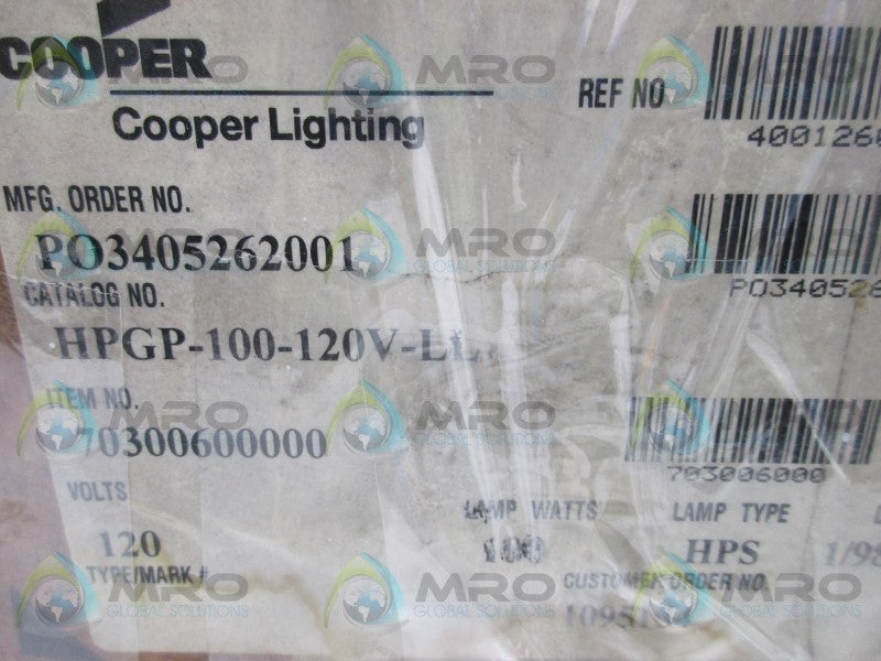 COOPER HPGP-100-120-LL HIGH PRESSURE SODIUM LAMP  NSMP