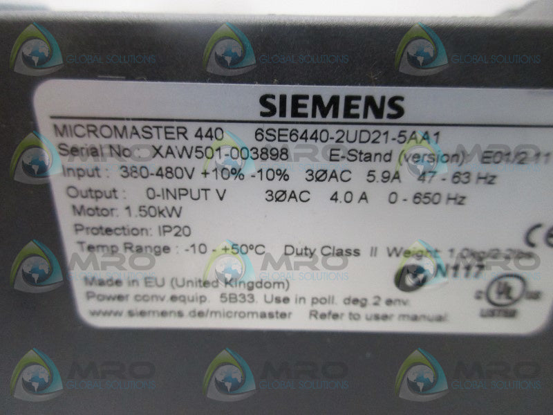 SIEMENS MICROMASTER 440 6SE6440-2UD21- 5AA1 INVERTER * NEW IN BOX *