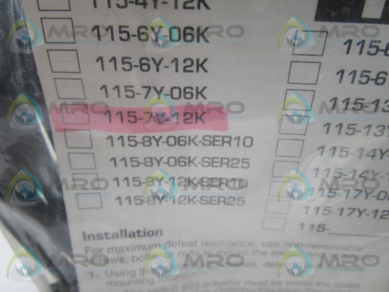 SENTROL INDUSTRIAL 115-7Y-12K SAFETY INTERLOCK SWITCH * NEW IN FACTORY BAG *