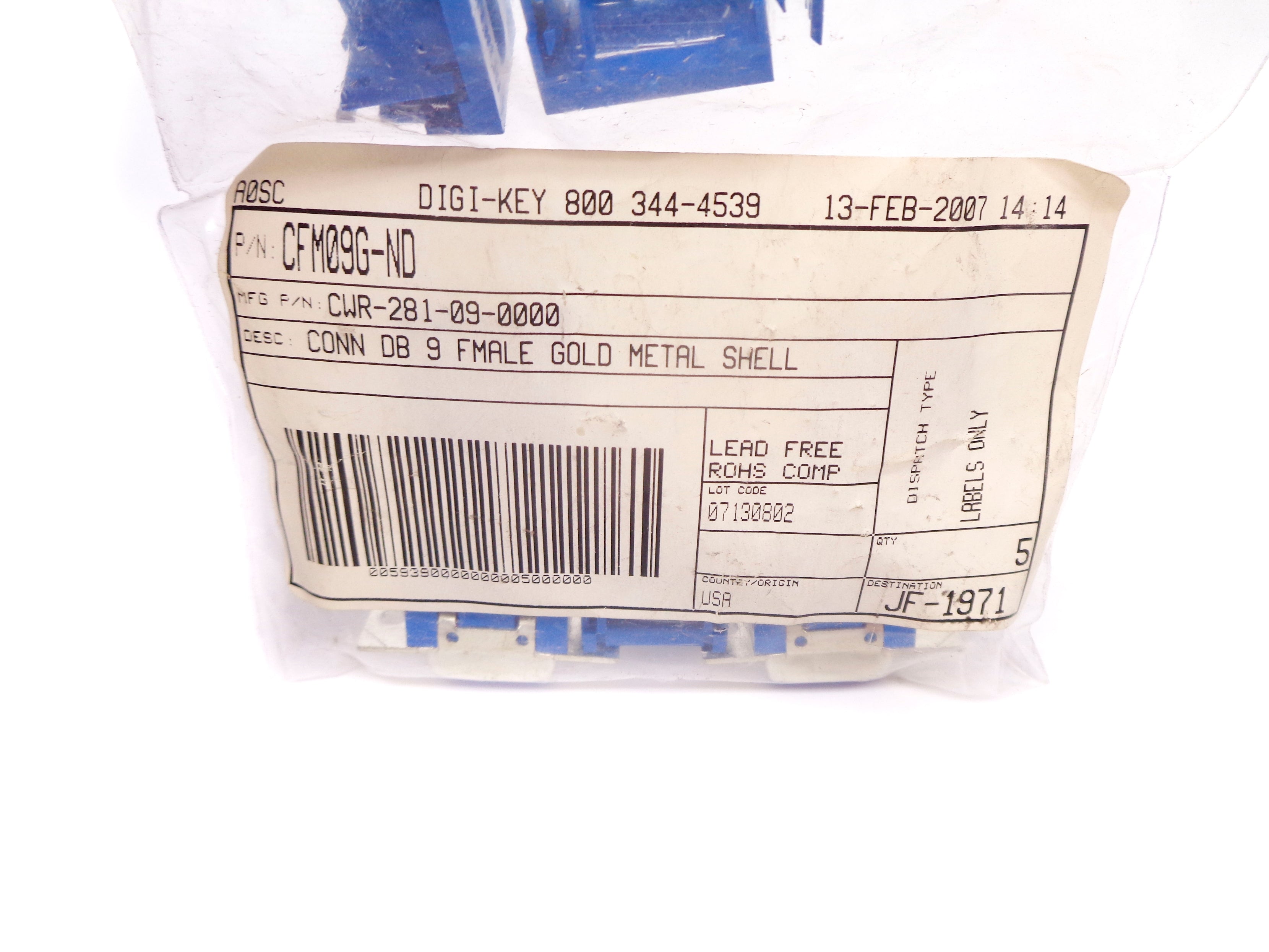 DIGI-KEY CFM09G-ND CWR-281-09-0000 (PKG OF 5) NSMP