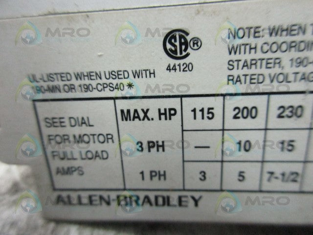 ALLEN BRADLEY 190-MN SER A CONTACTOR STARTER *USED*