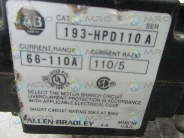 ALLEN BRADLEY 193-HPD110 SER. A ADJUSTABLE OVERLOAD RELAY *USED*