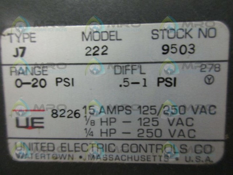 UNITED ELECTRIC J7-222-9503 PRESSURE SWITCH  NSMP