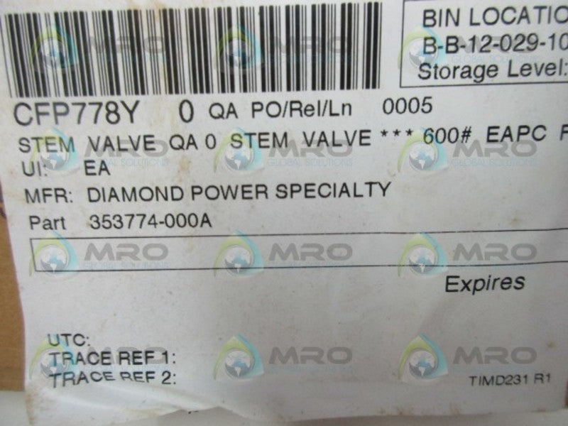 DIAMOND POWER 353774-000A STEM VALVE  NSMP