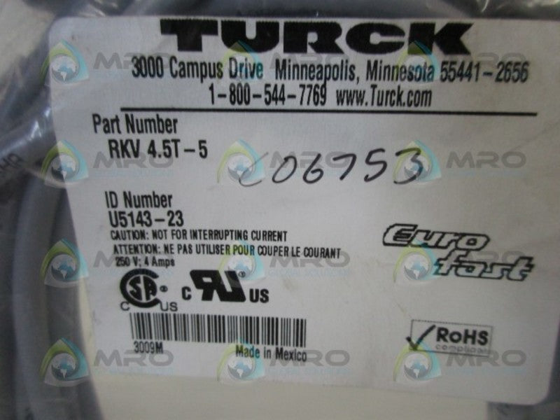 TURCK RKV 4.5T-5 EUROFAST MOLDED CORDSET * NEW IN FACTORY BAG *