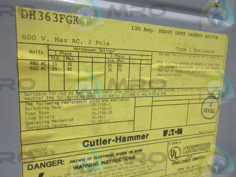 CUTLER HAMMER DH363FGK SAFETY SWITCH *USED*