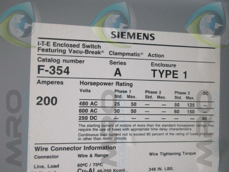 SIEMENS F354 ENCLOSED SWITCH 200A  UNMP