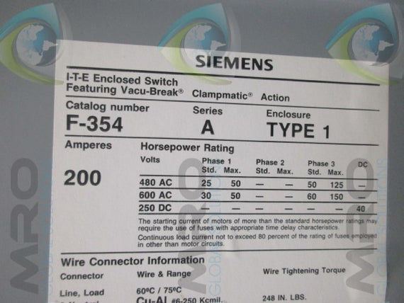 SIEMENS F354 ENCLOSED SWITCH 200A  UNMP