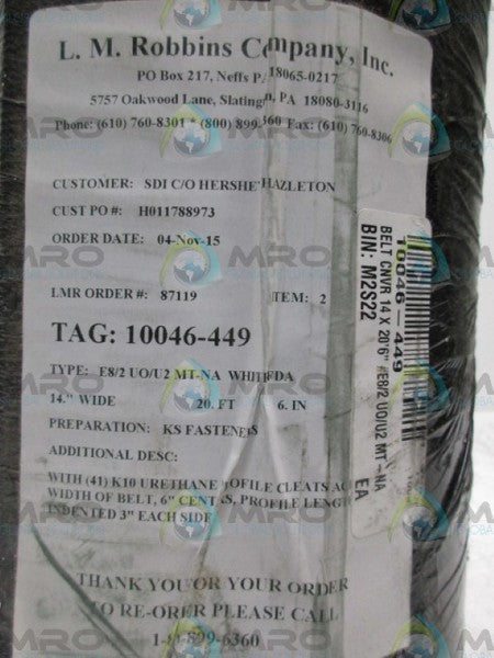 L.M.ROBBINS E8/2UO/U2 WHITE FDA A4"W 20FT 6IN CONVEYOR BELT  NSNP