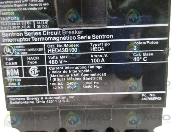 SIEMENS HED43B100 CIRCUIT BREAKER 100A 480VAC * USED *