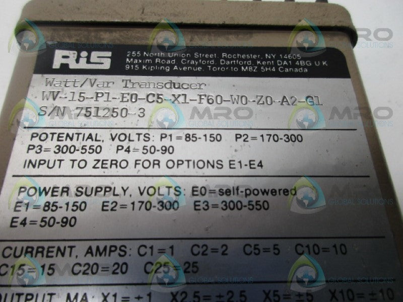 RIS WV-15-P1-E0-C5-X1-F60-W0-Z0-A2-G1 NSNP