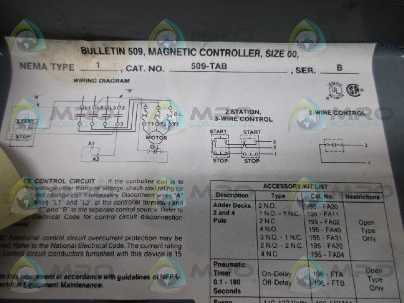 INDUSTRIAL SPARE PART 509-TAB SER B MAGNETIC CONTROLLER  UNMP