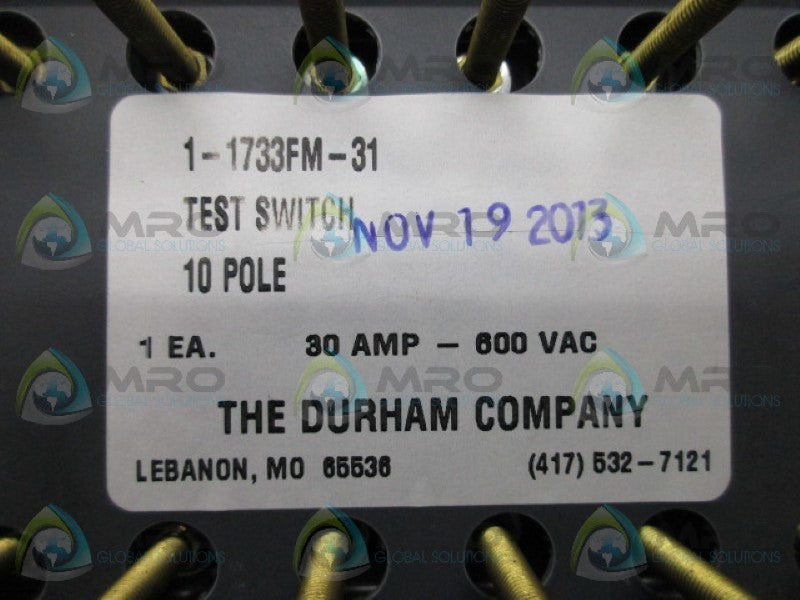 THE DURHAM CO. 1-1733FM-31 TEST SWITCH 10 POLE  NSMP