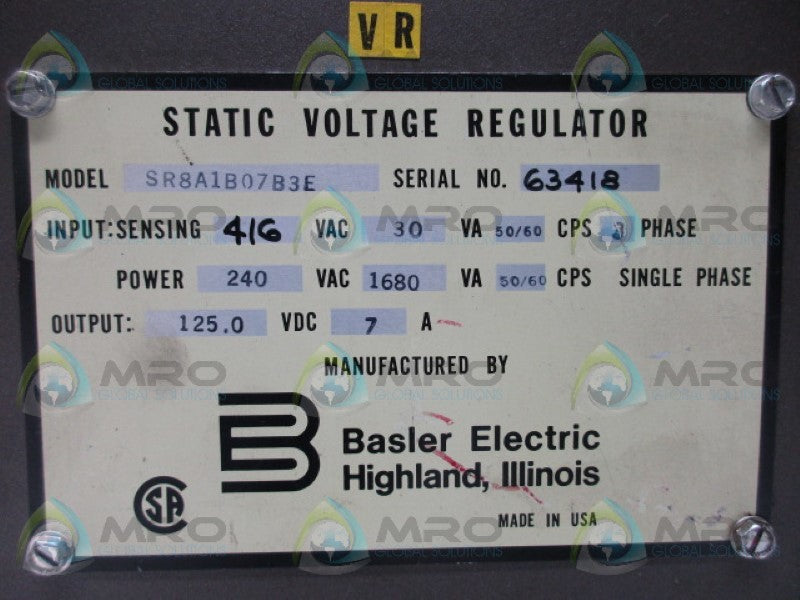 BASLER SR8A1B07B3E STATIC VOLTAGE REGULATOR  UNMP