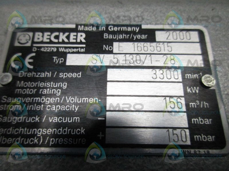 BECKER SV5.130/1-28 VACUUM PUMP (AS PICTURED)  UNMP
