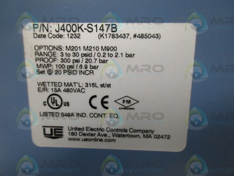 UNITED ELECTRIC J400K-S147B (AS PICTURED) *NEW NO BOX*