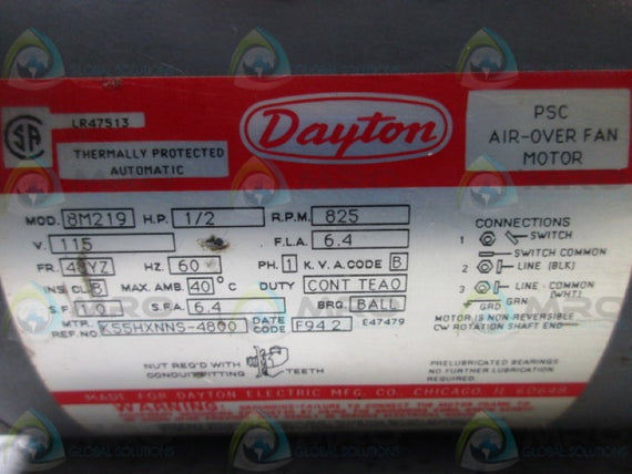 DAYTON 8M219 AIROVER MOTOR 1/2HP 825RPM * USED *