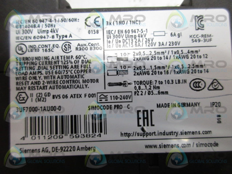 SIEMENS 3UF7000-1AU00-0 MOTOR CONTROL MODULE  UNMP