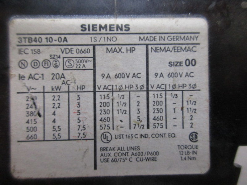 SIEMENS 3TB4010-0A CONTACTOR  UNMP